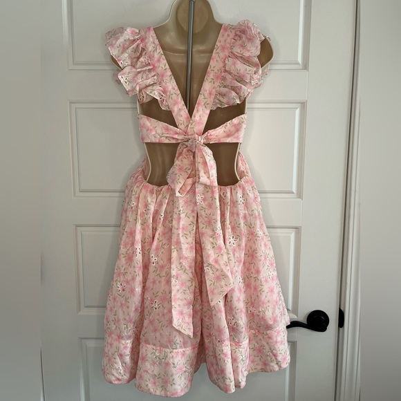 NEW MABLE Pink Floral Ruffle Tiered Criss Cross Back Mini Dress L Girly Flirty - Picture 6 of 14